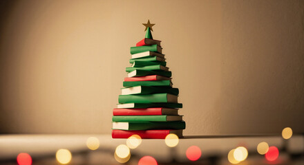 Christmas tree made from stacked books in a library or bookstore  