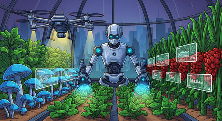 Robot tending crops in a greenhouse with a drone flying above, displaying information on screens.