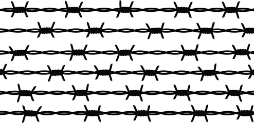 Barbed wire strands, sharp metal barbs, security fencing, protective barrier, twisted wire, danger zone, boundary control, deterrent, safety, enclosure