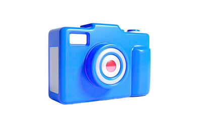 3D rendered blue camera with a central lens, isolated on a black background
