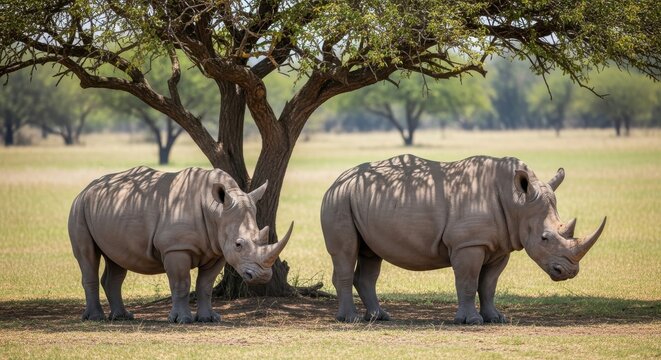 Rhinos seeking refuge under a canopy of trees, a tranquil scene of african wildlife preservation - Powered by Adobe