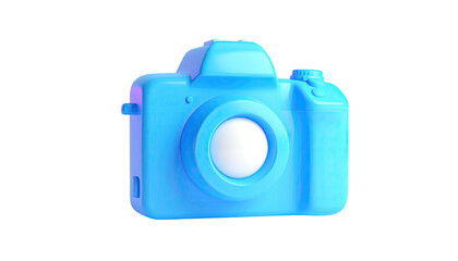 Blue 3D rendered camera icon against a black backdrop, illuminated with gradients