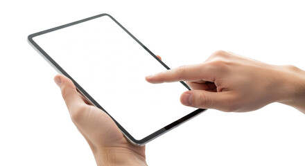 Person holding and touching a blank white screen tablet device isolated on a transparent background technology