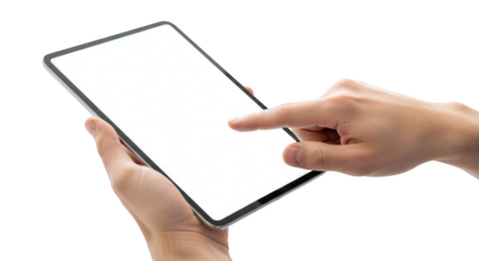 Person holding and touching a blank white screen tablet device isolated on a transparent background technology