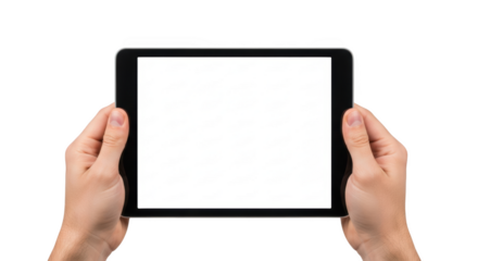 Person holding a tablet computer with a blank white screen isolated on a transparent background hand