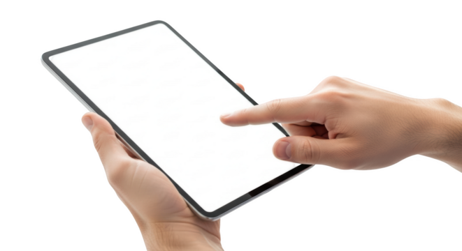 Person holding and touching a blank white screen tablet device isolated on a transparent background technology