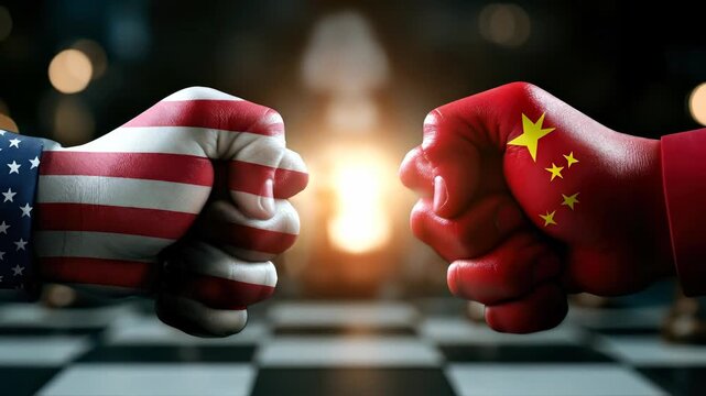 International flag duel: American symbol, Chinese sign, national emblem, patriotic cloth, political contest, economic friction, strategic balance, diplomatic posture, hegemonic force, global arena