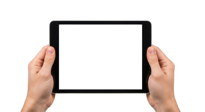Person holding a tablet computer with a blank white screen isolated on a transparent background hand