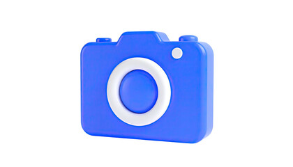 A 3D rendering of a blue camera with a white lens on a black background