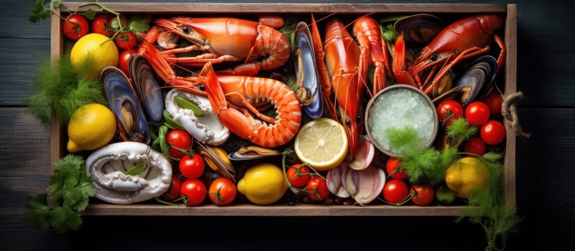 rustic wooden box, assortment of fresh seafood, meat, vegetables, fruits, spices, condiments, vibrant colors, natural lighting, high detail, food photography, gourmet ingredients, culinary masterpiece