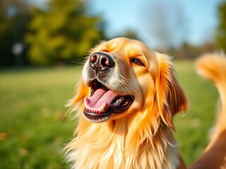 A happy golden retriever barks joyfully, head tilted, with a wagging tail,  barking,  bark