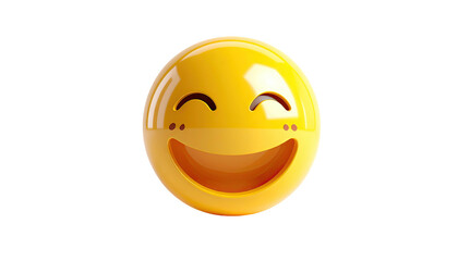 A 3D rendering of a cheerful yellow sphere with a wide, toothy grin