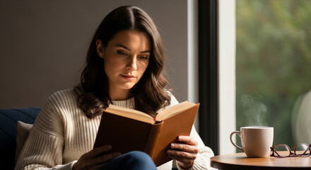 Obraz premium A tranquil woman finds solace and relaxation while reading a captivating book in a cozy, sunlit corner with a warm beverage