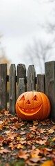 A grinning jack-o'-lantern sits on a weathered wooden fence with autumn leaves scattered around,  rustic, halloween