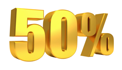 Three-dimensional golden numerals, "50%" in a metallic finish, against a transparent backdrop, emphasizing a discount