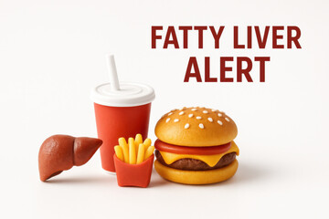 Fatty liver alert health campaign message with miniature liver, hamburger, and soda. This conceptual visual warns about unhealthy eating, diet dangers and obesity