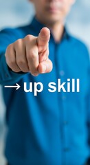 Pointing finger blue shirt up skill person hand