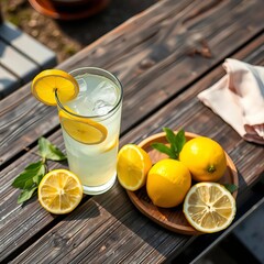 Lemonade or lemon cocktail takeaway iced tea on rustic table, healthy meal snack, outdoor top view with copy space,  cocktail,  copy space
