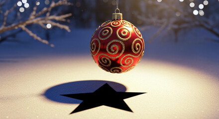Ornament casting star shadow in snow background at winter season