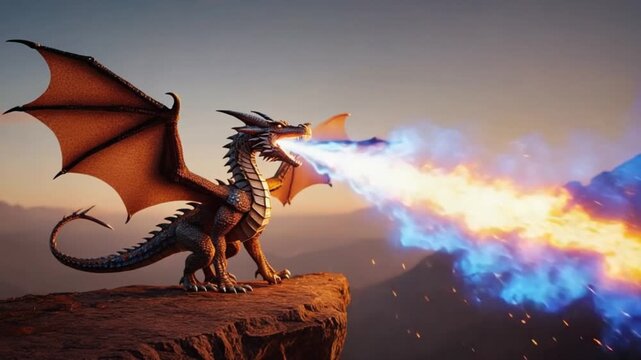Dragon perched on a cliff edge exhaling fire towards distant mountains at twilight sky view dragon video