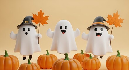 Obraz premium Playful ghosts and pumpkins celebrate autumn halloween