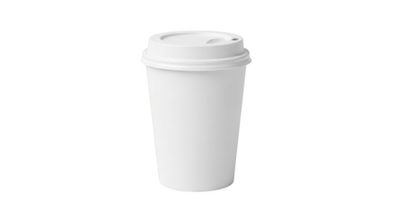 Plain white disposable paper coffee cup with a white lid isolated on a transparent background disposable cup