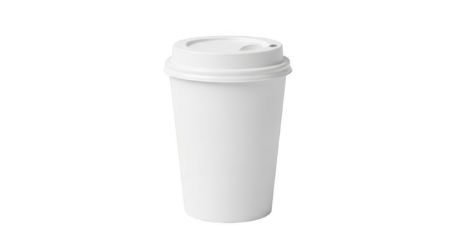 Plain white disposable paper coffee cup with a white lid isolated on a transparent background disposable cup