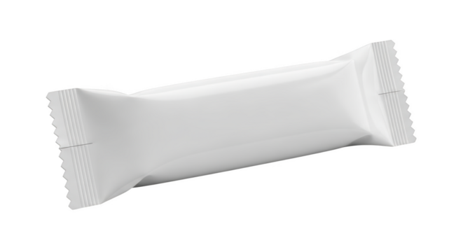 Plain white rectangular snack bar wrapper with crimped edges and a central seam isolated on a transparent background