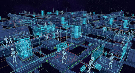 Futuristic cityscape with robots interacting with holographic displays and complex network infrastructure.