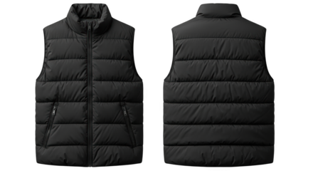 Puffer vest front and back view with zipper and pockets isolated on a transparent background gilet sleeveless jacket