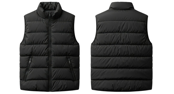 Puffer vest front and back view with zipper and pockets isolated on a transparent background gilet sleeveless jacket