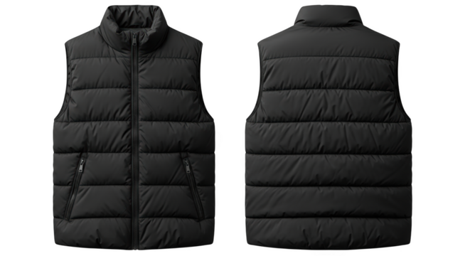 Puffer vest front and back view with zipper and pockets isolated on a transparent background gilet sleeveless jacket