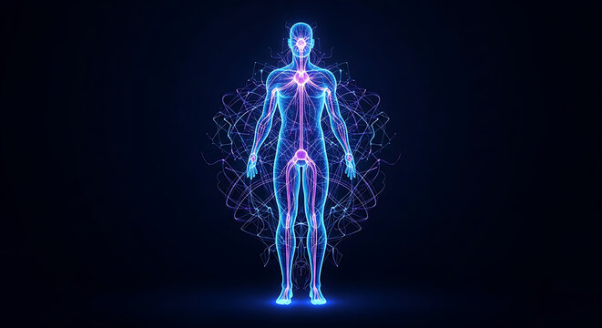 A glowing, stylized human figure with visible internal systems and a surrounding network of light.