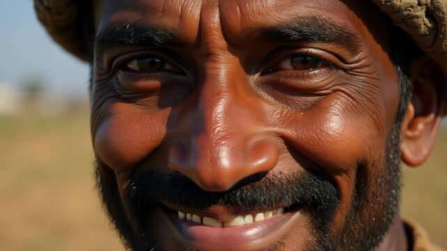 Wise Indian farmer's eyes, 4K detail, crinkling with wisdom, resilience, and a lifetime of hard work, conveying deep life experience and character.