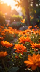 Orange blooms in garden, bathed in golden sunlight