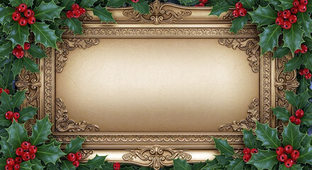 Golden frame with holly leaves and red berries arrangement