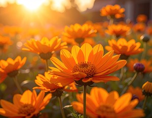 Vibrant orange flowers bloom under a warm, golden sunset