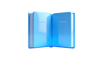 Glossy blue rendered open book against a stark black backdrop, studio shot