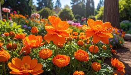 Lush garden scene with vibrant orange & pink flowers