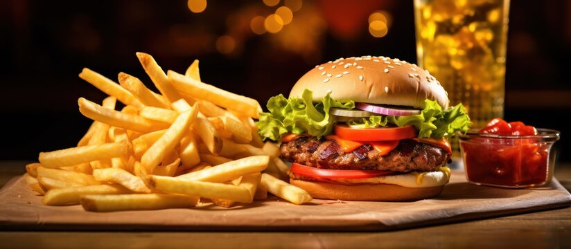a mouthwatering hamburger with french fries, ketchup, and a rustic, wooden background with warm, glowing lighting

