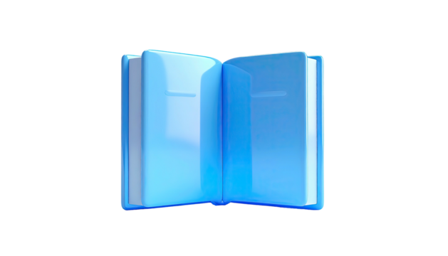 Glossy blue rendered open book against a stark black backdrop, studio shot