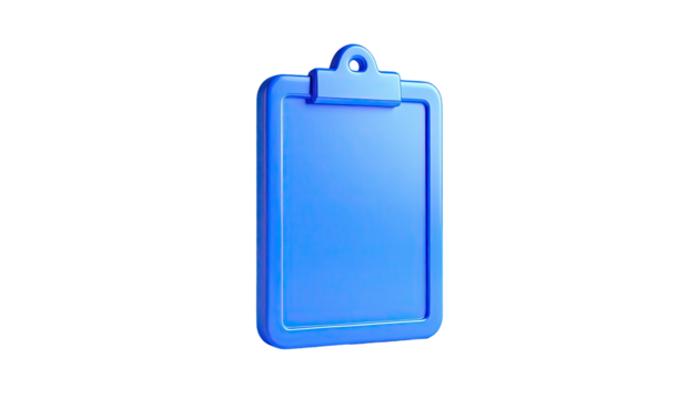 3D rendered vibrant blue clipboard against a black background, side perspective