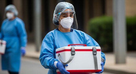 Medical professional carrying cooler protective gear
