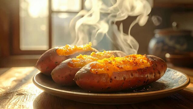 steamy sweet potato on plate