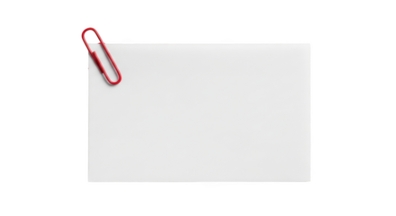 Red metal paperclip holding a blank white rectangular paper note isolated on a transparent background