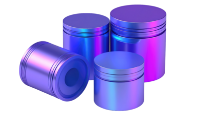 Four metallic, cylindrical containers with lids are arranged against a black background. Each reflects a mix of blues, purples, and pinks