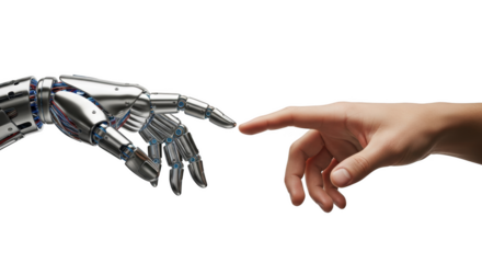 Robotic hand and human finger about to touch against background isolated on a transparent background