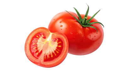 Close-up of a vibrant red tomato and a half, both with a glossy sheen from water droplets against a stark black background
