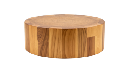 Round wooden butcher block cutting board with natural wood grain patterns isolated on a transparent background