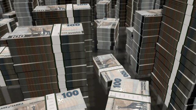Zambia kwacha Zambian money notes packs loop. 3D flight over 100 ZMW banknotes stacks towers. Loopable seamless abstract background concept of business, economy crisis and finance.